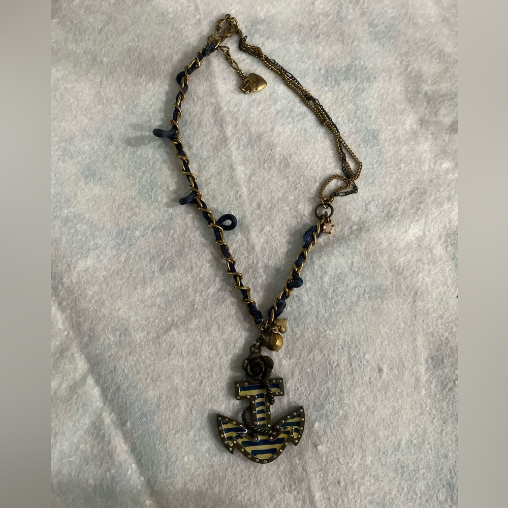 Betsey Johnson Nautical Anchor Necklace with Gold and Blue Accents